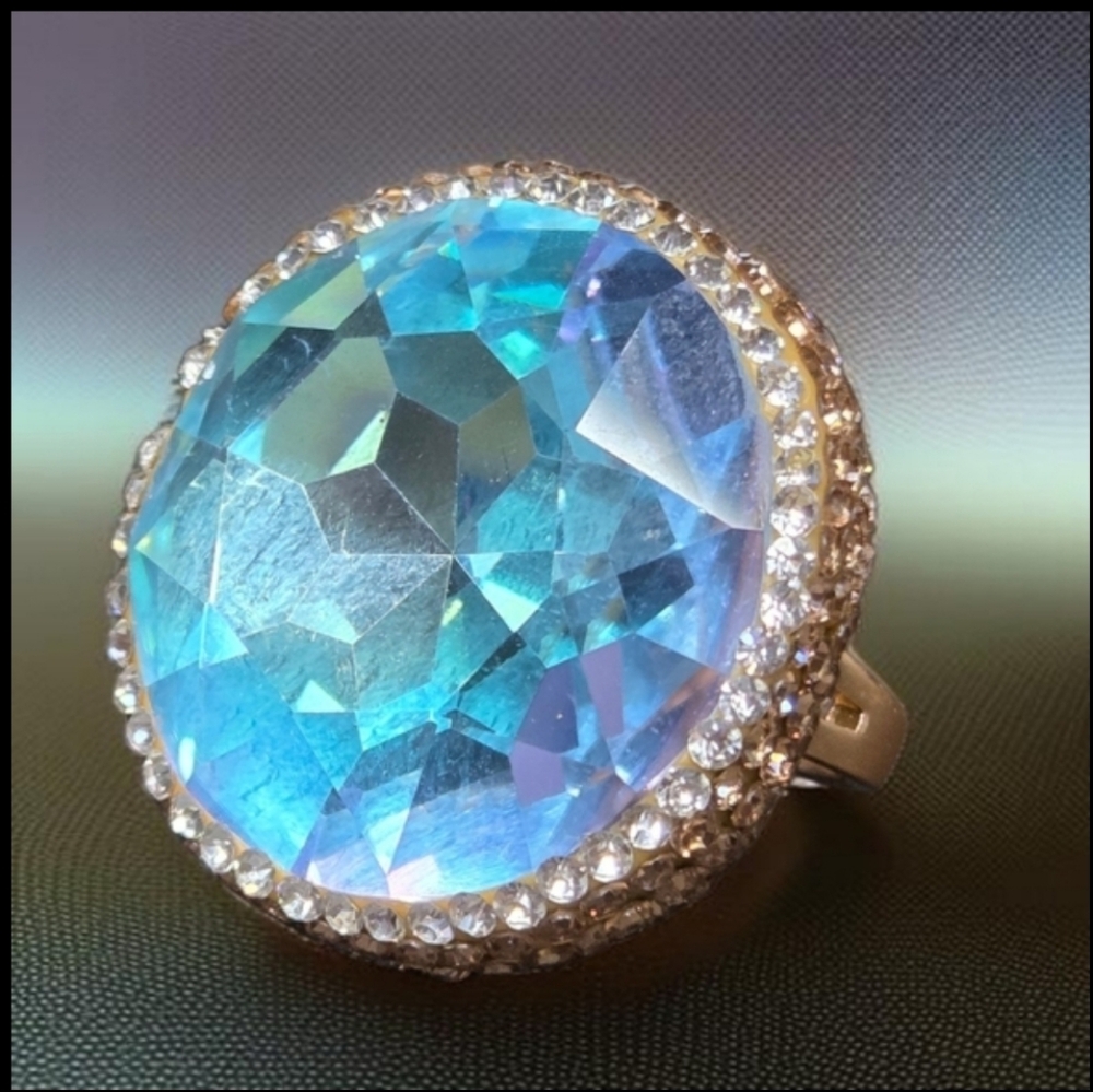 Huge Gold Plated Candy Aqua AB Crystal Statement Ring